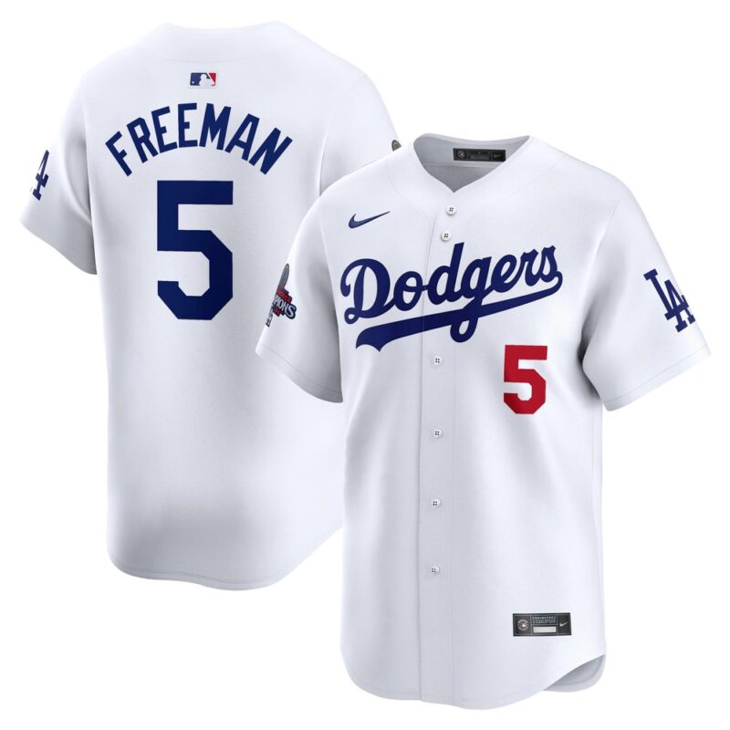 Men's Los Angeles Dodgers #5 Freddie Freeman  White 2024 World Series Champions Home Limited Player Jersey