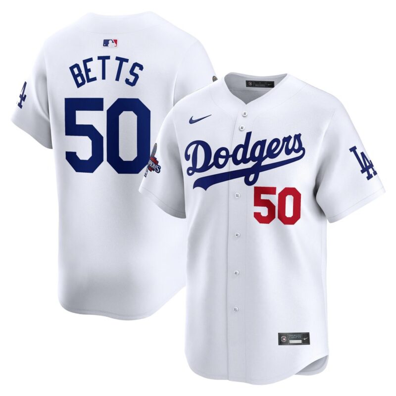 Men's Los Angeles Dodgers #50 Mookie Betts  White 2024 World Series Champions Home Limited Player Jersey